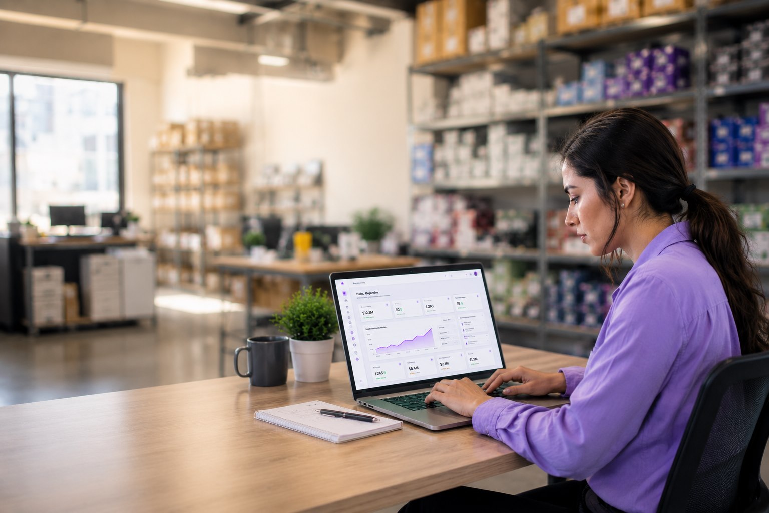 Administradora de una PyME usando Ecosonics Intelligence para controlar ventas e inventario