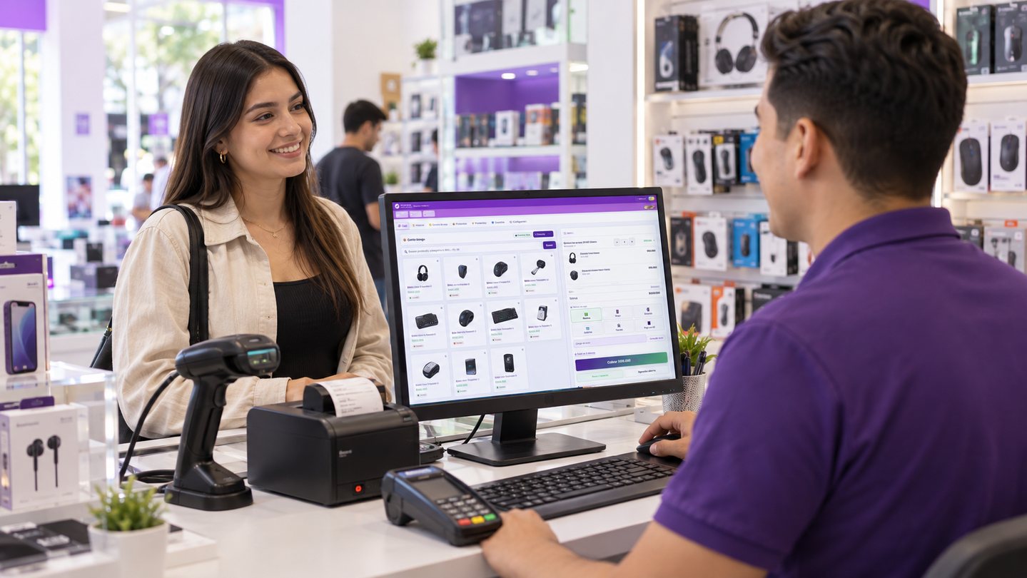 Atención en mostrador con Ecosonics Punto en un comercio colombiano